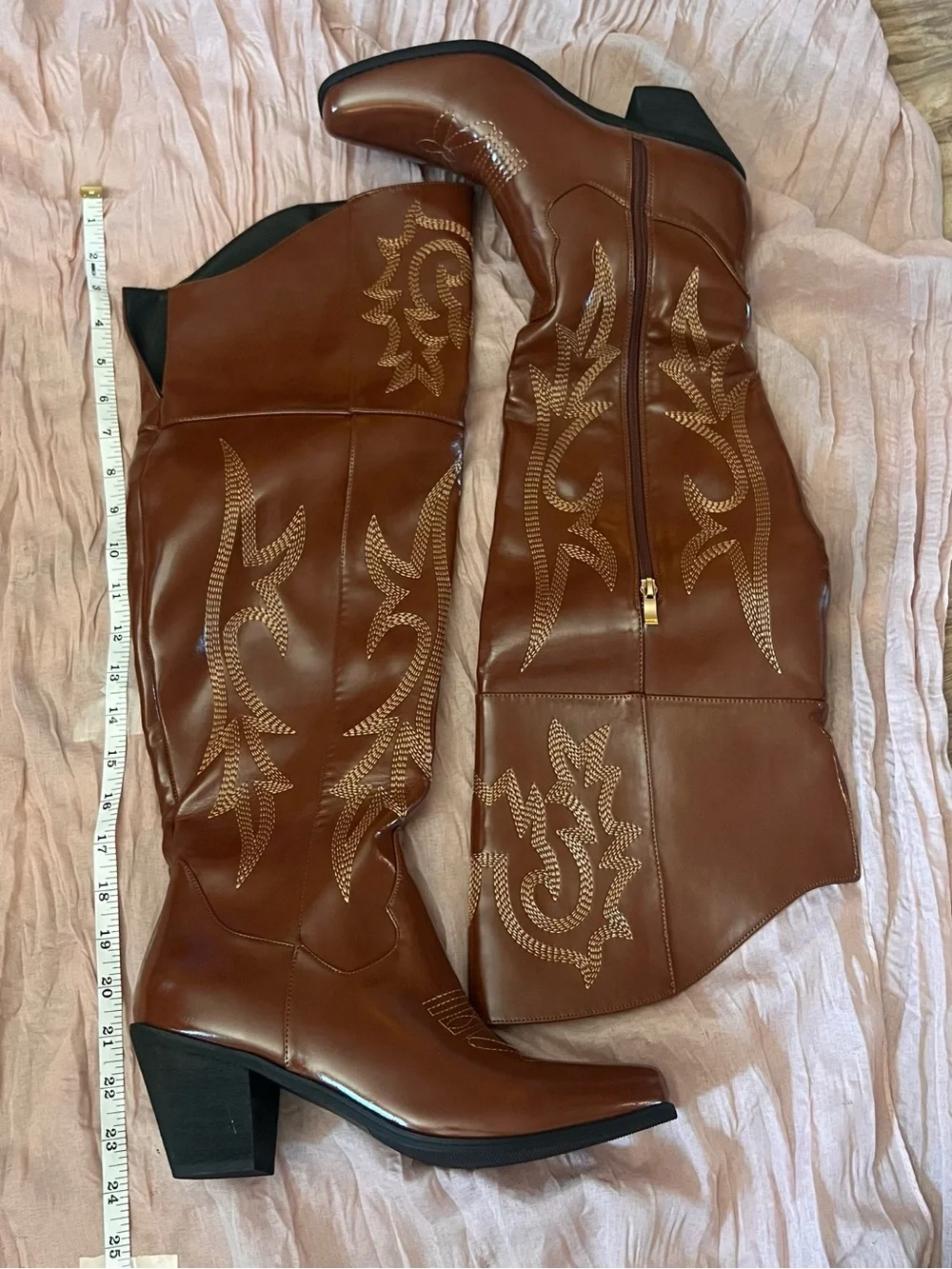 Brown Embroidered Knee-High Western Boots | Fall Boho Cowgirl Chic NWOT